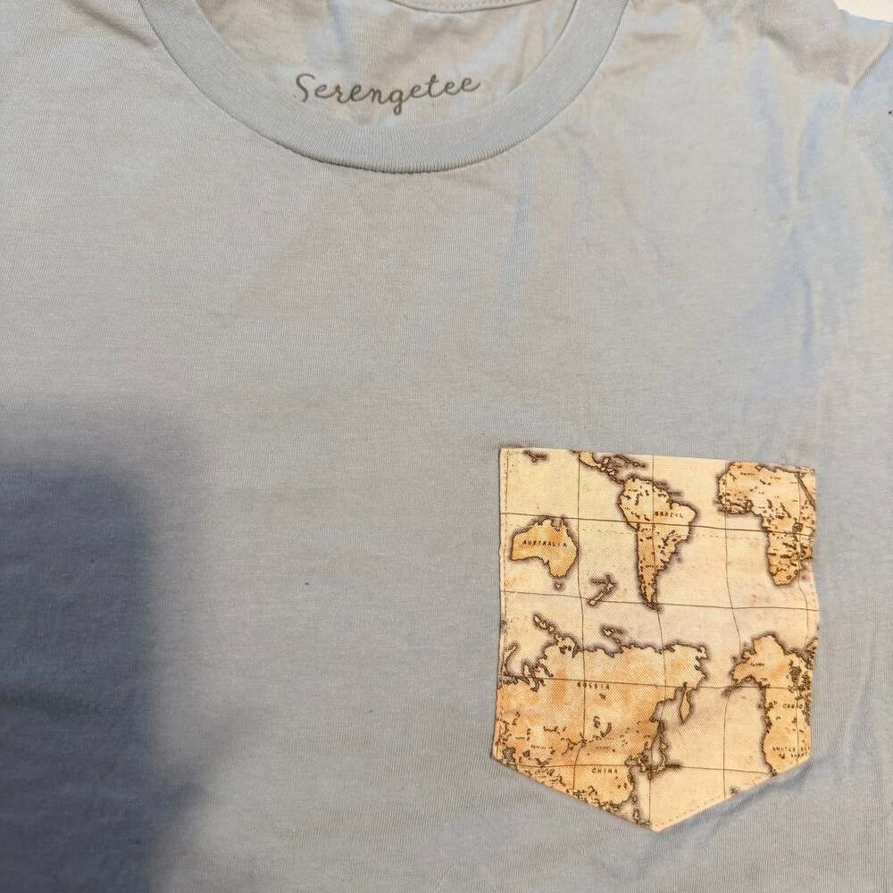 Serengetee World Map Pocket T-Shirt Heather Light Blue